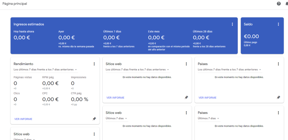 Pagina principal de Google AdSense